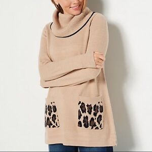 LOGO by Lori Goldstein Cowl Neck Sweater with Leopard Pockets